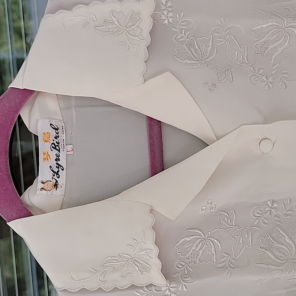 Vintage Chinese Hand-Made Embroidered Silk Short Sleeve Blouse Sz L Ivory - Picture 4 of 11